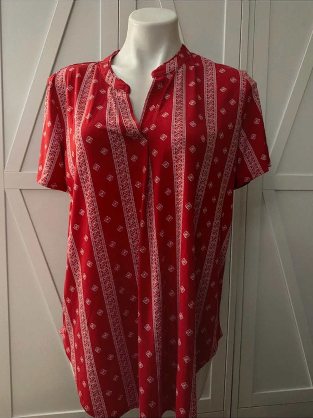 Cato Red Short-Sleeve Split-Neck Printed Tunic
